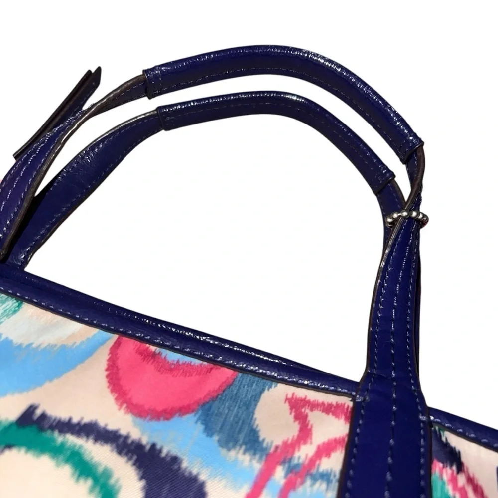EUC Coach Signature Ikat Print Monogram Foldover Tote Crossbody Bag Navy Pink